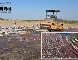 રાજકોટમાં 4 માસમાં 1.56 કરોડથી વધુનો વિદેશી દારૂ ઝડપાયો, સોખડા-નાકરાવાડી વચ્ચે બુલડોઝરથી નાશ