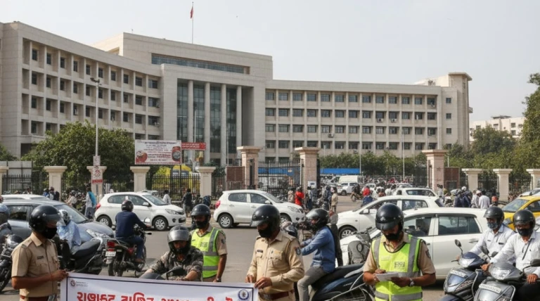 રાજકોટમાં સરકારી કચેરીઓ બહાર ટ્રાફિક પોલીસની અમલવારી ડ્રાઇવ શરૂ, હેલ્મેટ સહિત નિયમોના પાલન પર ભાર મૂકાયો