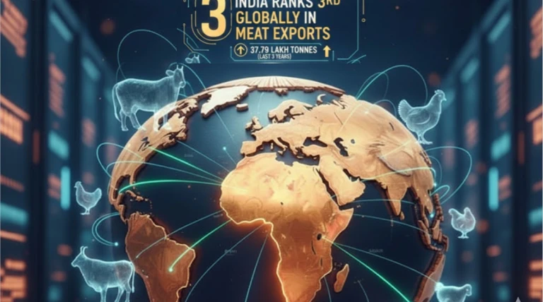 છેલ્લા ત્રણ વર્ષમાં ભારતમાંથી 37.79 લાખ ટન માંસની નિકાસ — વિશ્વમાં ત્રીજા ક્રમે, સંસદમાં સરકાર દ્વારા રજૂ થયેલા વિગતવાર આંકડાઓ ચર્ચામાં